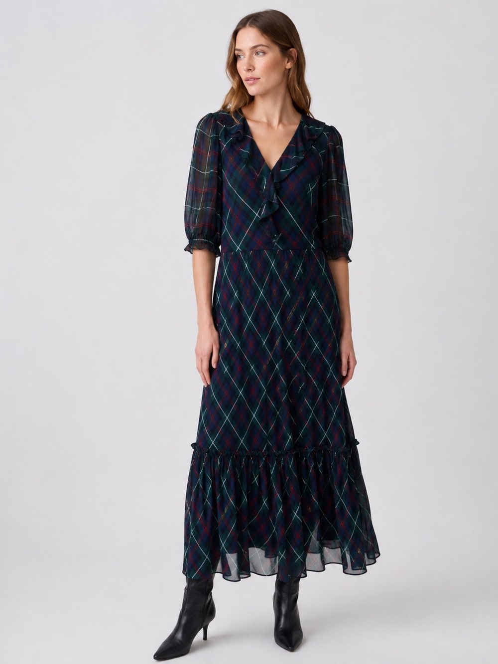 Lauren Ralph Lauren Tartan Plaid Ruffle Maxi Dress Size 2 Green Red Sheer